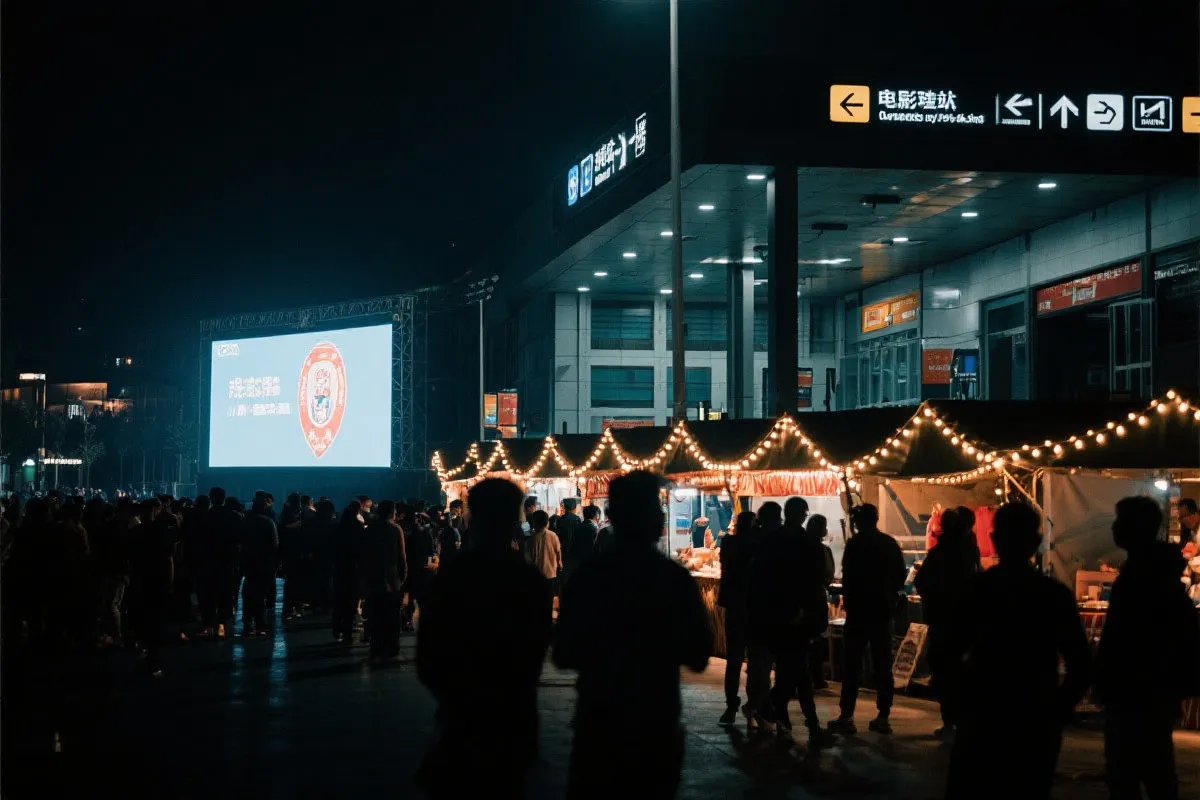 费城球迷广场夜景：大屏观赛人群、步行指示牌与公共交通入口